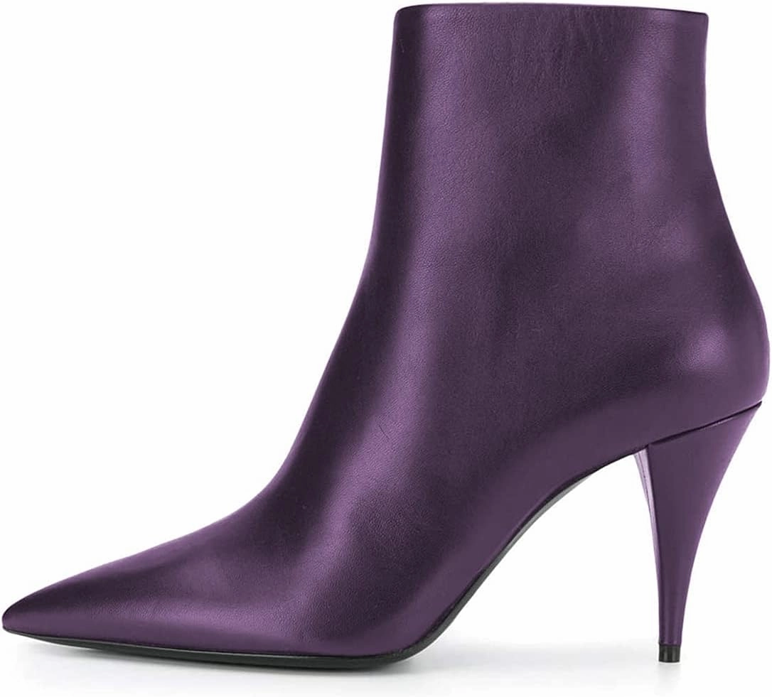 FSJ Women Classic Pointed Toe Ankle Boots High Cone Heel Leather Faux Suede Studded Rhinestones Leopard Short Booties Side Zipper Dress Shoes Size 4-15 US