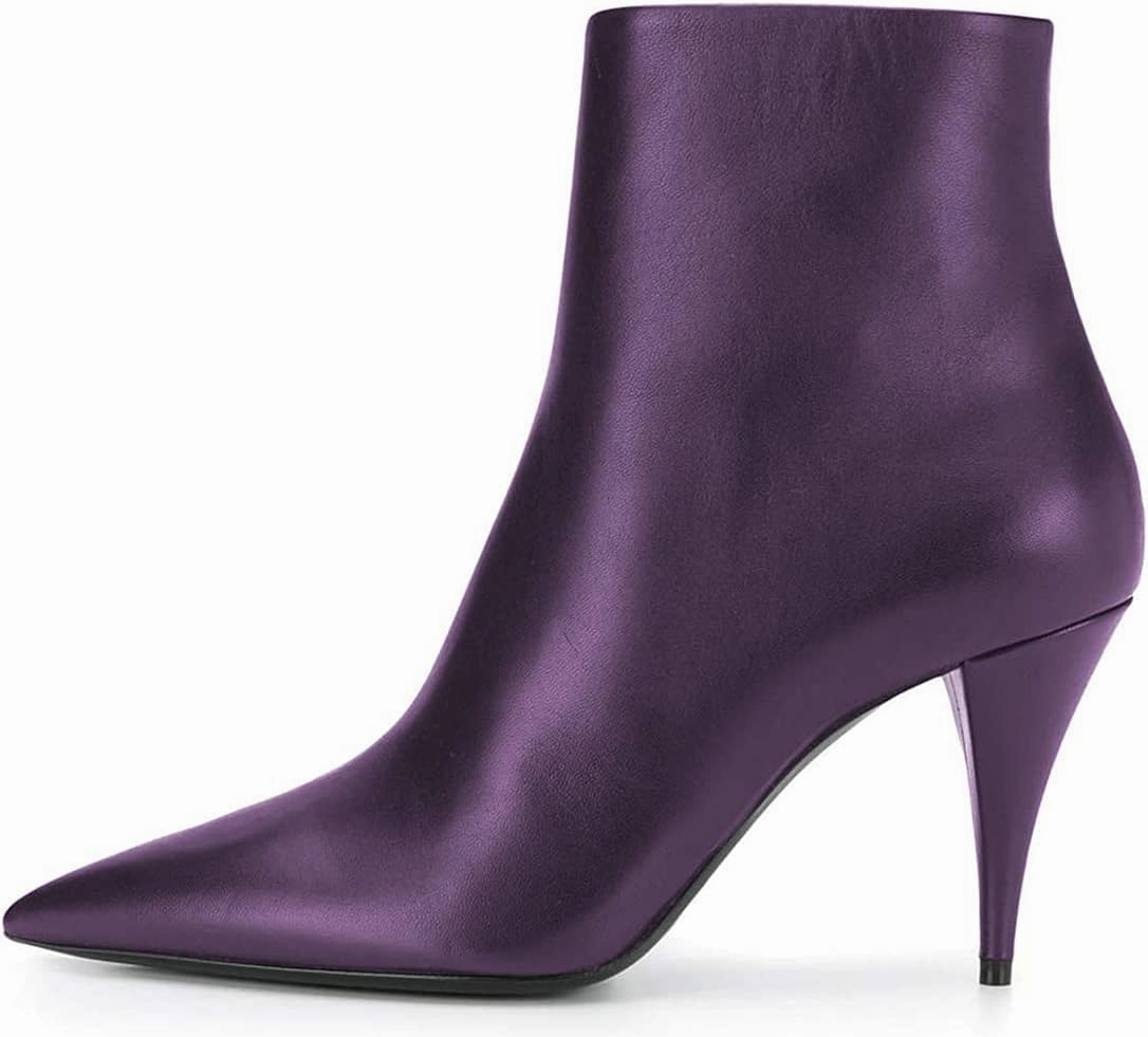 FSJ Women Classic Pointed Toe Ankle Boots High Cone Heel Leather Faux Suede Studded Rhinestones Leopard Short Booties Side Zipper Dress Shoes Size 4-15 US