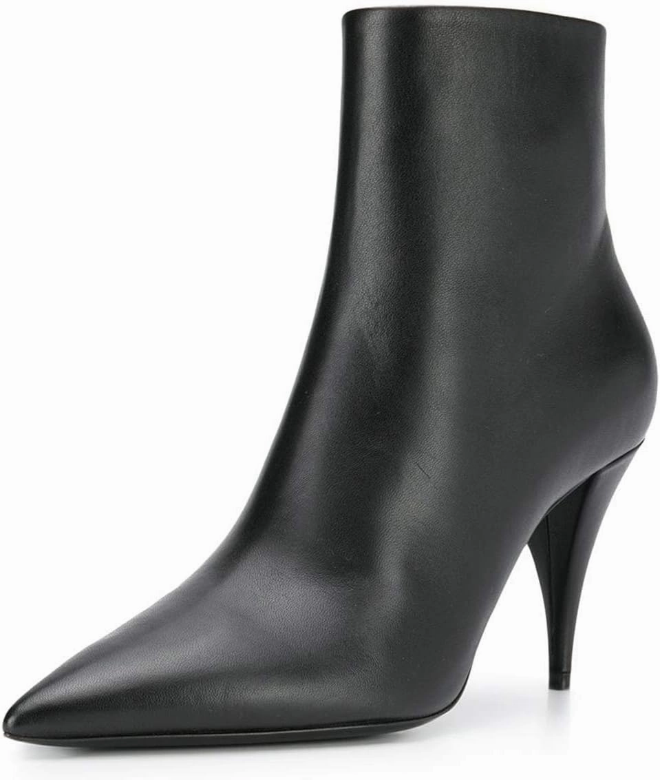 FSJ Women Classic Pointed Toe Ankle Boots High Cone Heel Leather Faux Suede Studded Rhinestones Leopard Short Booties Side Zipper Dress Shoes Size 4-15 US