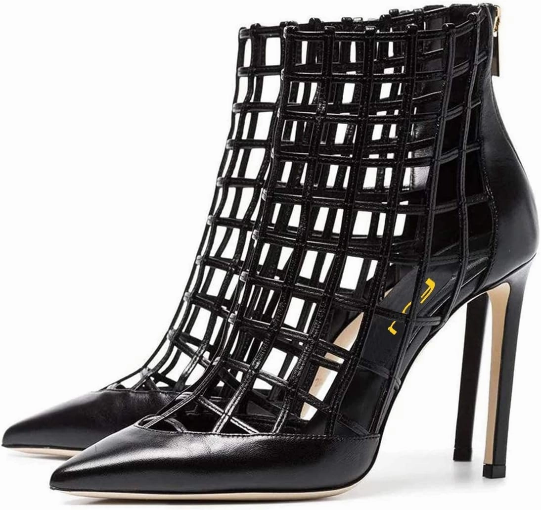 FSJ Women's Sexy Caged Cutout Pointed Toe Ankle Boots Stiletto High Heels Pumps Party Shoes 4-15 US