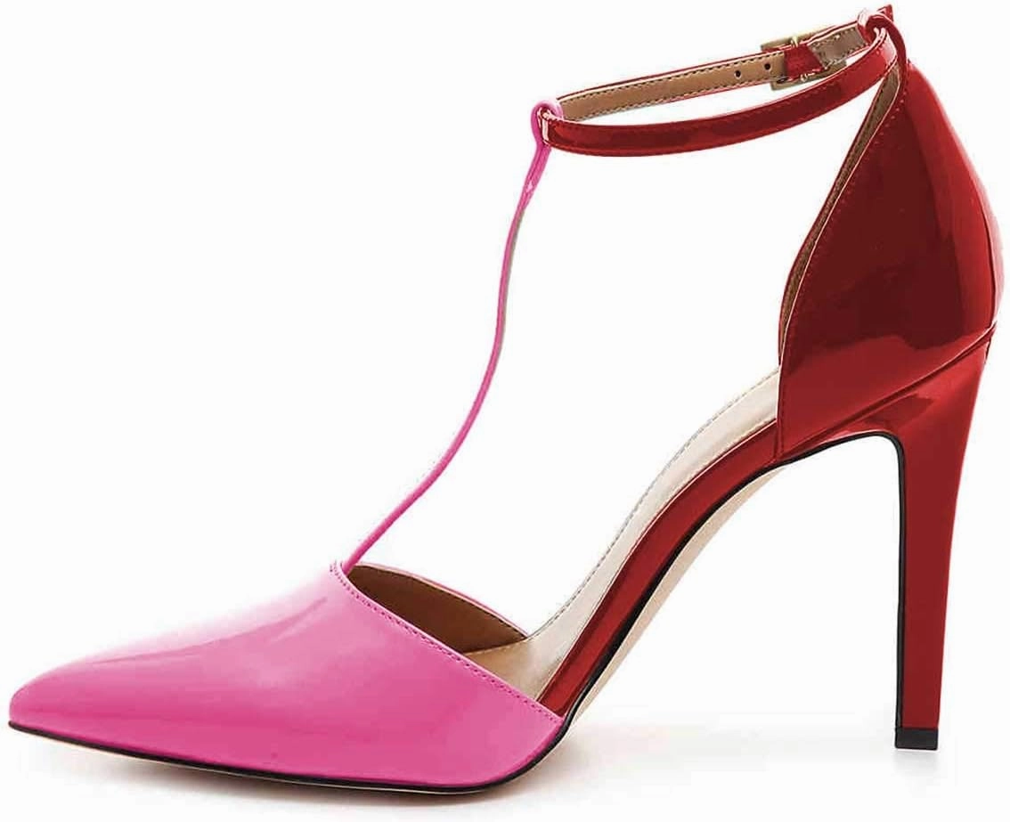 FSJ Women Sexy T-Straps High Heel Closed Pointed Toe Pumps Stylish Ankle Straps Office Dress Party Shoes with Buckle Size 4-15 US