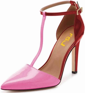 FSJ Women Sexy T-Straps High Heel Closed Pointed Toe Pumps Stylish Ankle Straps Office Dress Party Shoes with Buckle Size 4-15 US