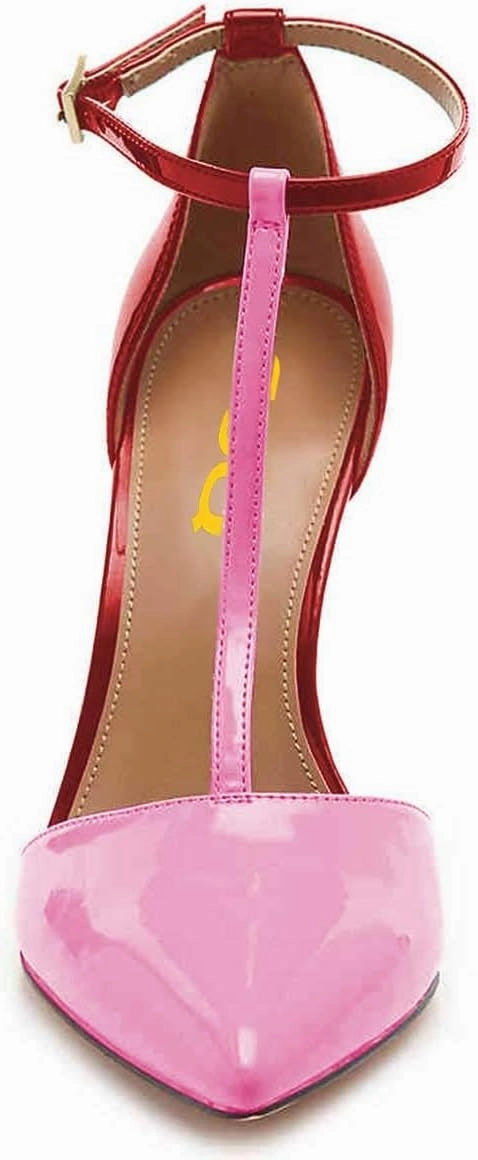 FSJ Women Sexy T-Straps High Heel Closed Pointed Toe Pumps Stylish Ankle Straps Office Dress Party Shoes with Buckle Size 4-15 US
