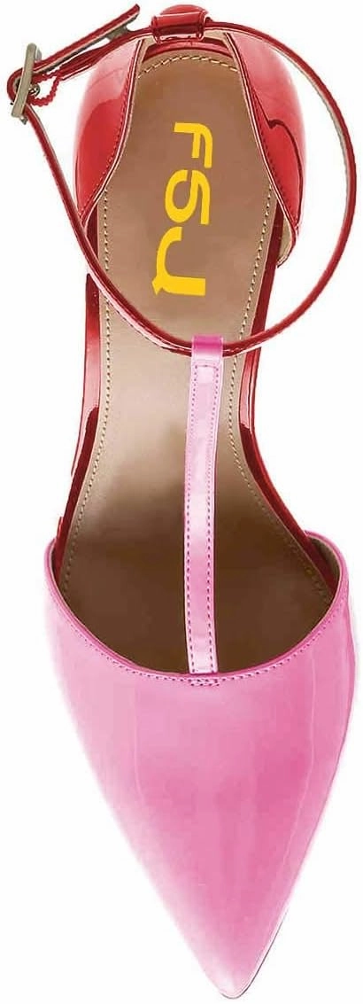 FSJ Women Sexy T-Straps High Heel Closed Pointed Toe Pumps Stylish Ankle Straps Office Dress Party Shoes with Buckle Size 4-15 US