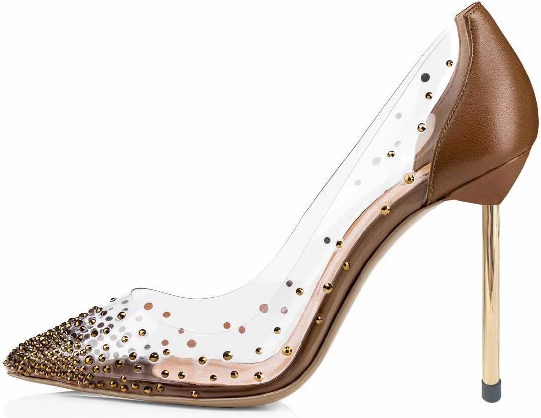 FSJ Women Studded Pointed Toe Transparent Pumps High Heels Shoes with Cute Bowknot US Size 4-15 M