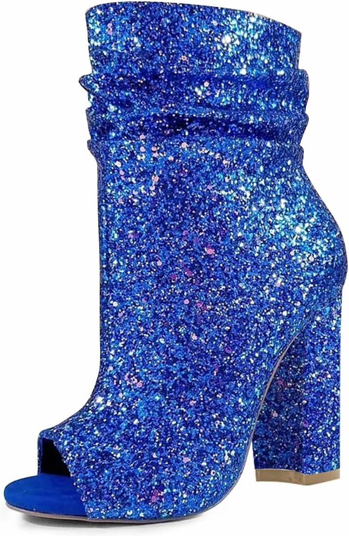 FSJ Women Stylish Peep Toe Slouch Ankle Boots Chunky Stacked Heels Party Prom Nightclub Evening Dress Shoes Size 4-15 US