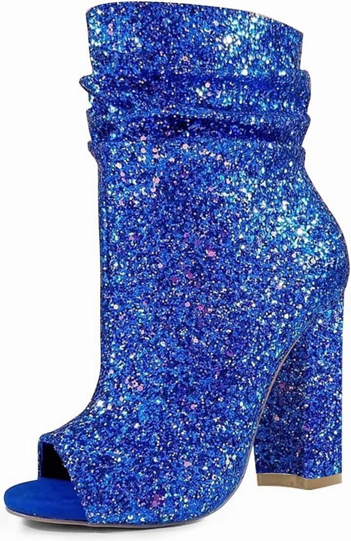 FSJ Women Stylish Peep Toe Slouch Ankle Boots Chunky Stacked Heels Party Prom Nightclub Evening Dress Shoes Size 4-15 US