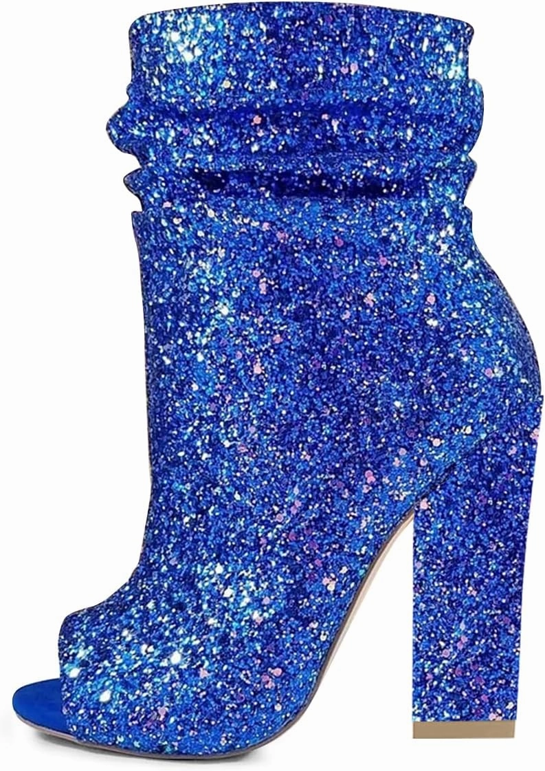 FSJ Women Stylish Peep Toe Slouch Ankle Boots Chunky Stacked Heels Party Prom Nightclub Evening Dress Shoes Size 4-15 US