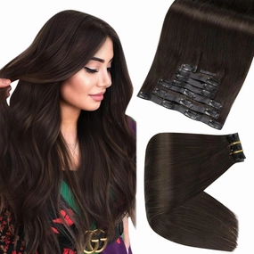 Full Shine Seamless Clip in Hair Extensions Darkest Brown Human Hair Straight 18 Inch & 24 Inch Total 8 Pieces
