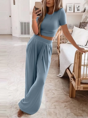 Full Size Round Neck Short Sleeve Top and Pants Set Plus Size