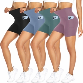 FULLSOFT 4 Pack Biker Shorts for Women with Pockets – 5" High Waisted Tummy Control Workout Yoga Running Gym Tennis Shorts
