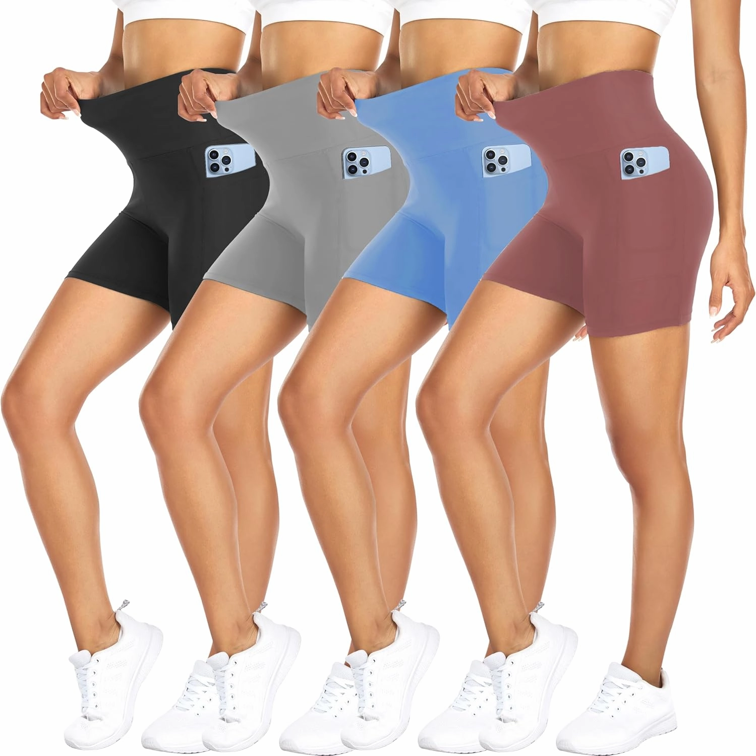 FULLSOFT 4 Pack Biker Shorts for Women with Pockets – 5" High Waisted Tummy Control Workout Yoga Running Gym Tennis Shorts