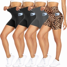 FULLSOFT 4 Pack Biker Shorts for Women with Pockets – 5" High Waisted Tummy Control Workout Yoga Running Gym Tennis Shorts