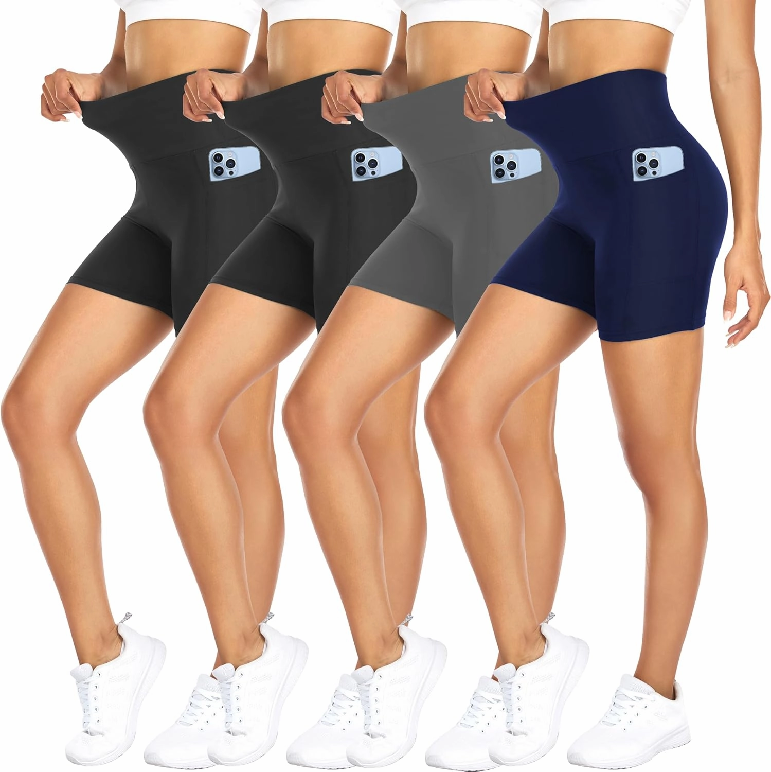 FULLSOFT 4 Pack Biker Shorts for Women with Pockets – 5" High Waisted Tummy Control Workout Yoga Running Gym Tennis Shorts