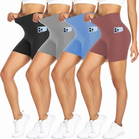 FULLSOFT 4 Pack Biker Shorts for Women with Pockets – 5" High Waisted Tummy Control Workout Yoga Running Gym Tennis Shorts
