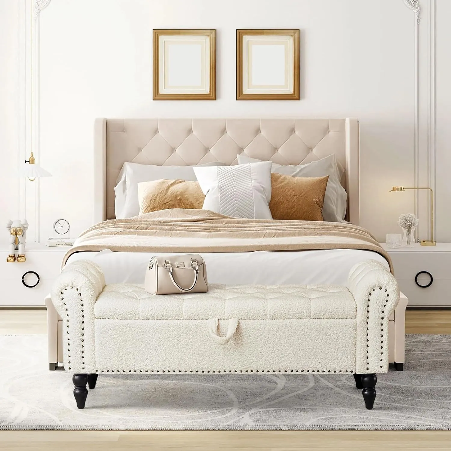 Furniliving Modern Storage Ottoman Bench, Sherpa Benches End of Bed Bench with Solid Wood Legs Upholstered Ottoman Benches with Storage Indoor Bench for Living Room with Rolled Arm, Entryway, White