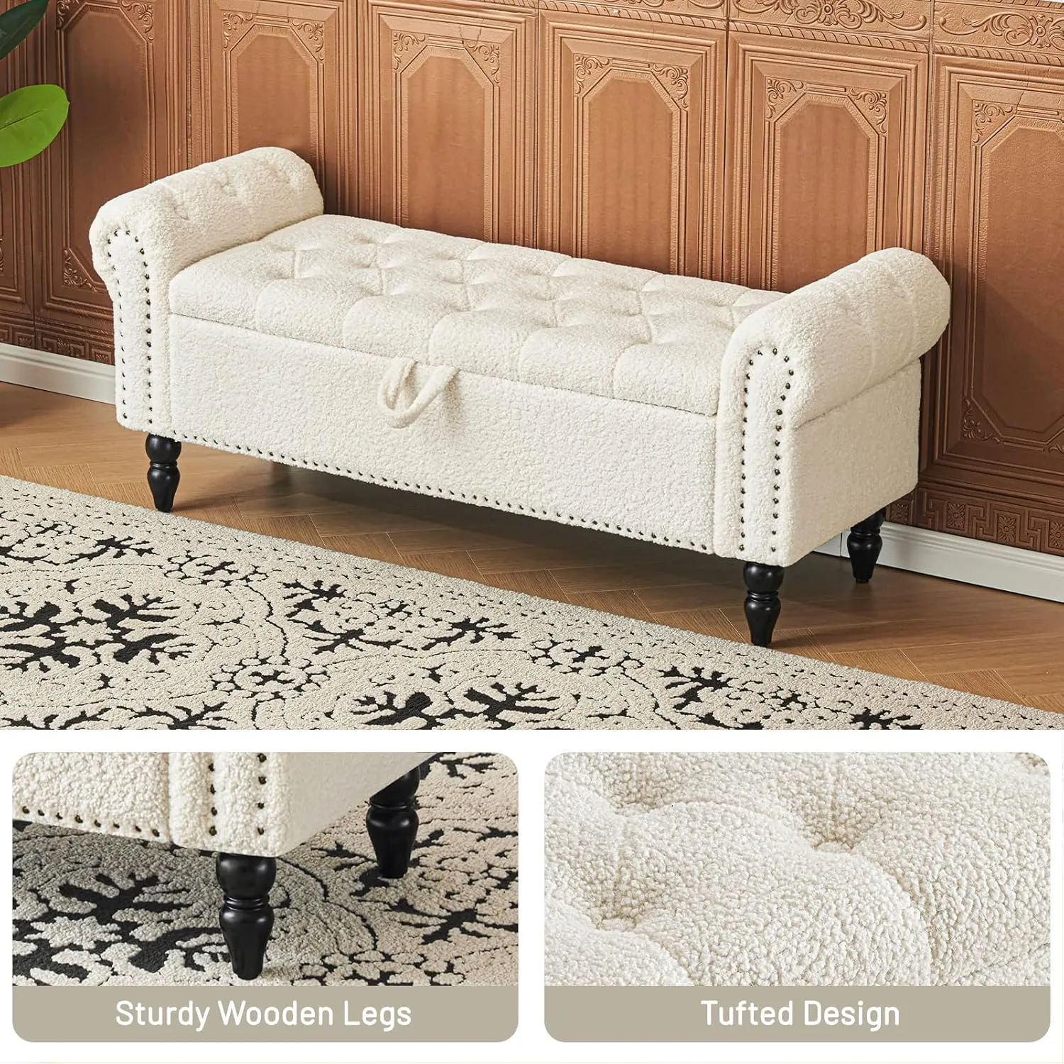 Furniliving Modern Storage Ottoman Bench, Sherpa Benches End of Bed Bench with Solid Wood Legs Upholstered Ottoman Benches with Storage Indoor Bench for Living Room with Rolled Arm, Entryway, White