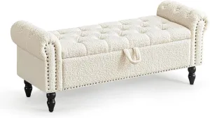Furniliving Modern Storage Ottoman Bench, Sherpa Benches End of Bed Bench with Solid Wood Legs Upholstered Ottoman Benches with Storage Indoor Bench for Living Room with Rolled Arm, Entryway, White