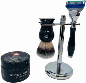 G.B.S 4 Piece Shaving Set, 5 Blade Cartridge Compatible Black Handle Razor, Black Shaving Brush Synthetic, Shave Razor and Brush Stand, Sandalwood Shaving Cream Grooming Kit for Men