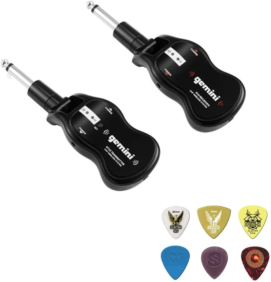 Gemini GMU-G100 Wireless UHF Guitar System (512 to 541.7 MHz) bundle with Assorted VPP-6 Guitar Picks, 6 Pack, Medium