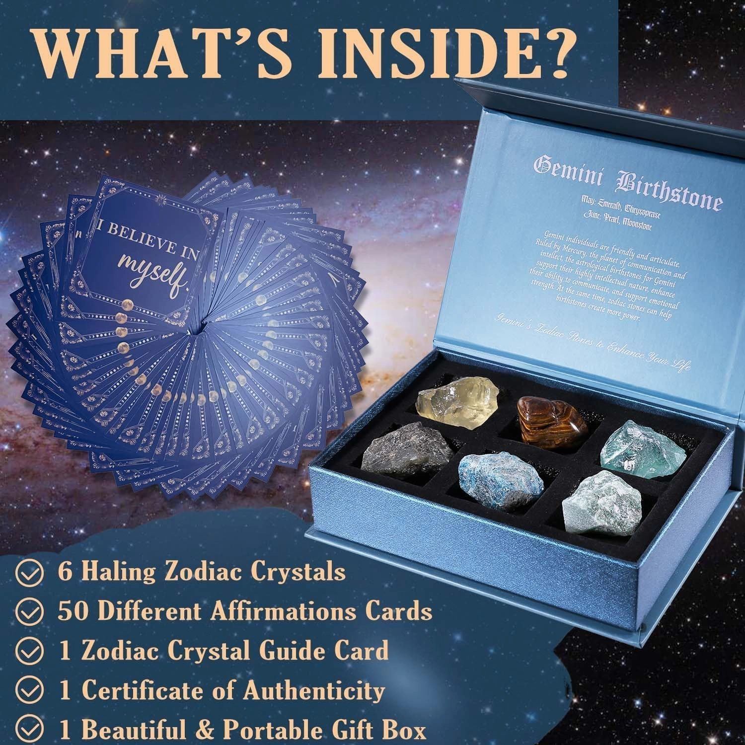Gemini Birthday Crystals Gifts - w/50 Daily Affirmations Cards and 6 Healing Crystals Natural Stones, Positive Affirmations with Inspirational Quotes, Spiritual Gifts for Women