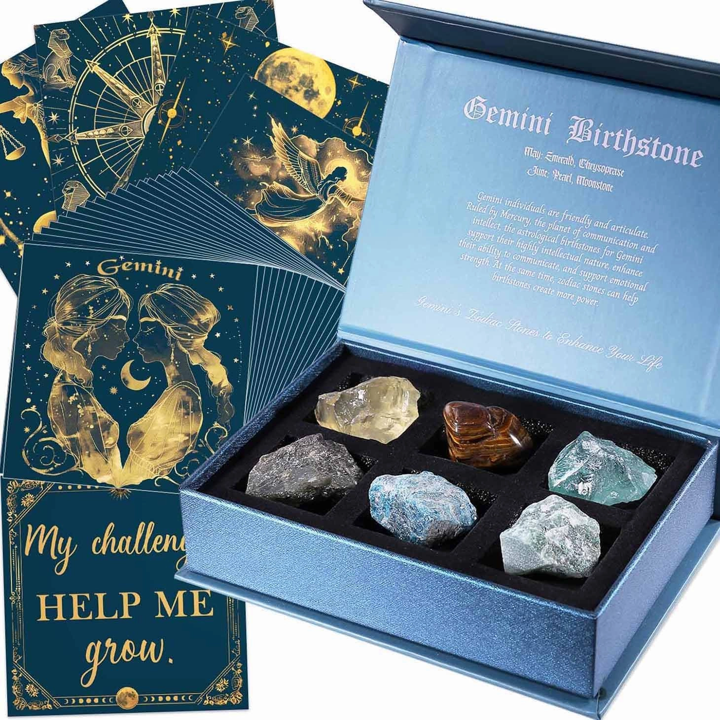 Gemini Birthday Crystals Gifts - w/50 Daily Affirmations Cards and 6 Healing Crystals Natural Stones, Positive Affirmations with Inspirational Quotes, Spiritual Gifts for Women
