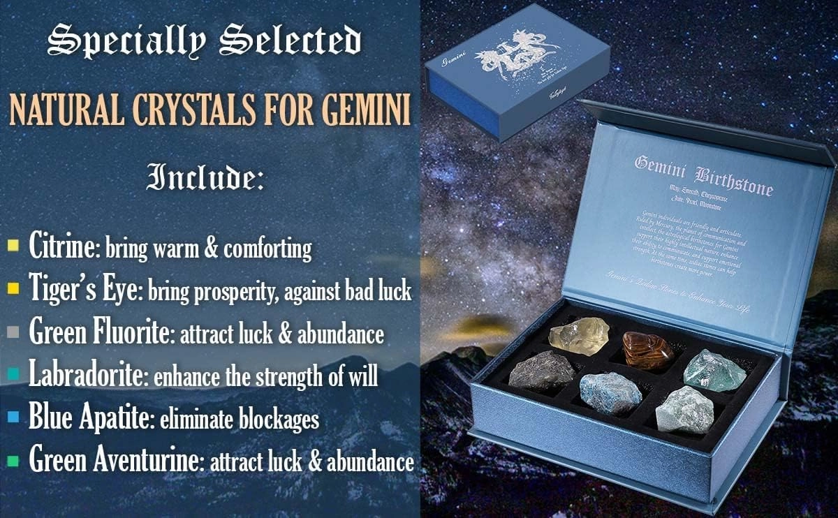Gemini Birthday Crystals Gifts - w/50 Daily Affirmations Cards and 6 Healing Crystals Natural Stones, Positive Affirmations with Inspirational Quotes, Spiritual Gifts for Women