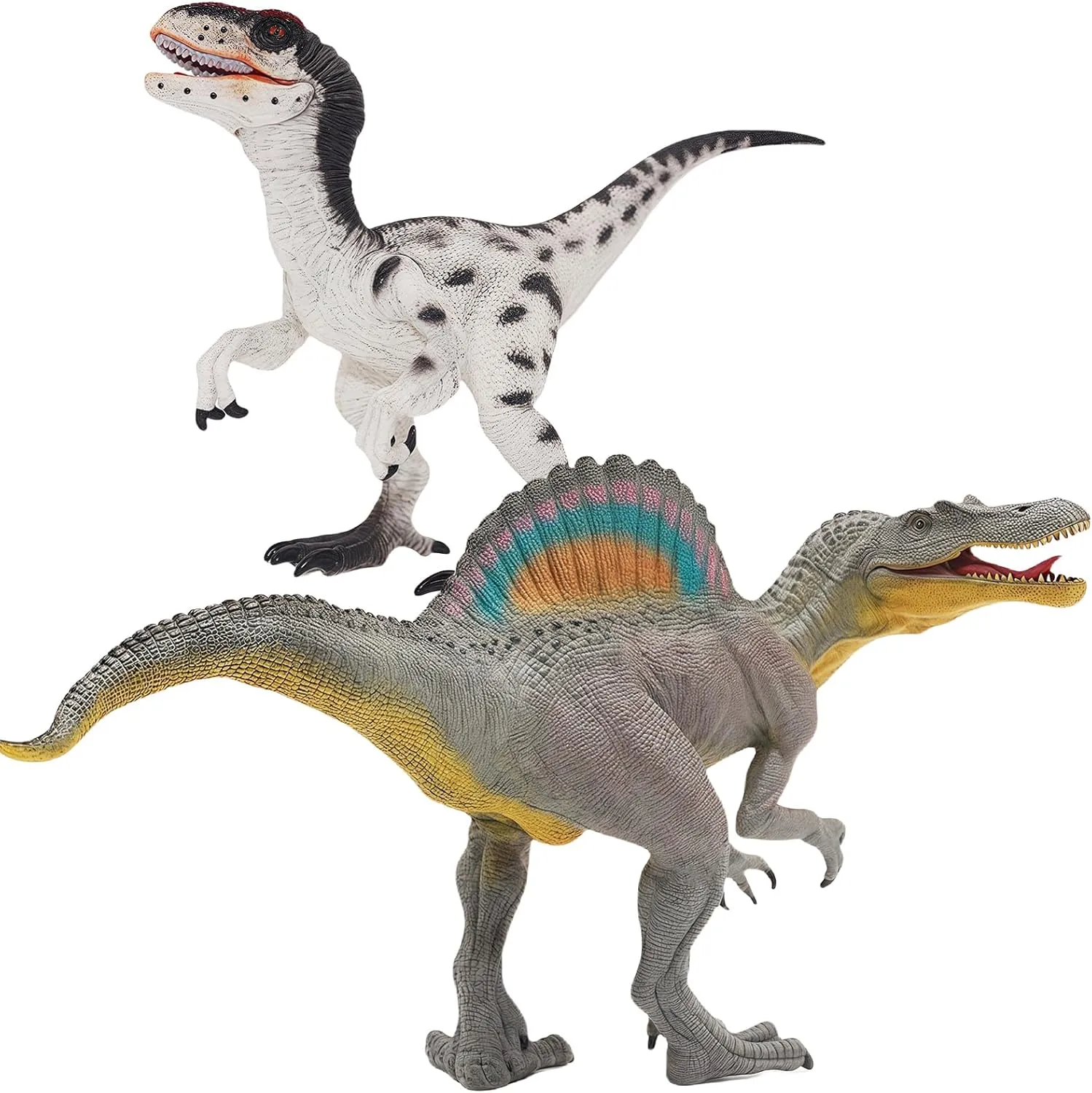 Gemini&Genius Spinosaurus Velociraptor Dinosaur Action Figure Toys Set, Large and Realistic Dinosaur Toy Set with Moveable Jaw and Hands, Dino Toy Figures, Collections, Plays, Displays for Kids