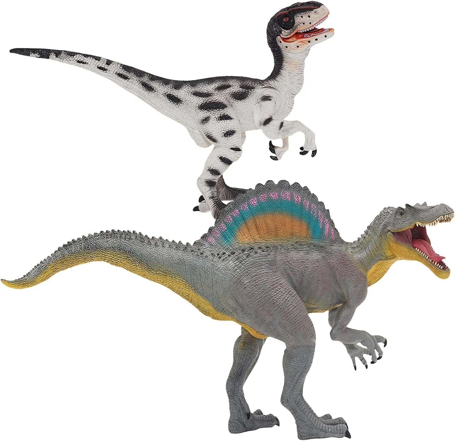 Gemini&Genius Spinosaurus Velociraptor Dinosaur Action Figure Toys Set, Large and Realistic Dinosaur Toy Set with Moveable Jaw and Hands, Dino Toy Figures, Collections, Plays, Displays for Kids