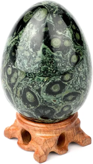 gemshan Big Stone Egg Figurine, Polished Healing Crystal 3.6inch Easter Eggs Sphere Sculpture with Wood Stand (Green)