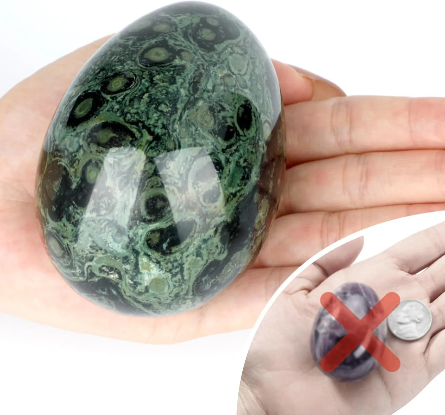 gemshan Big Stone Egg Figurine, Polished Healing Crystal 3.6inch Easter Eggs Sphere Sculpture with Wood Stand (Green)