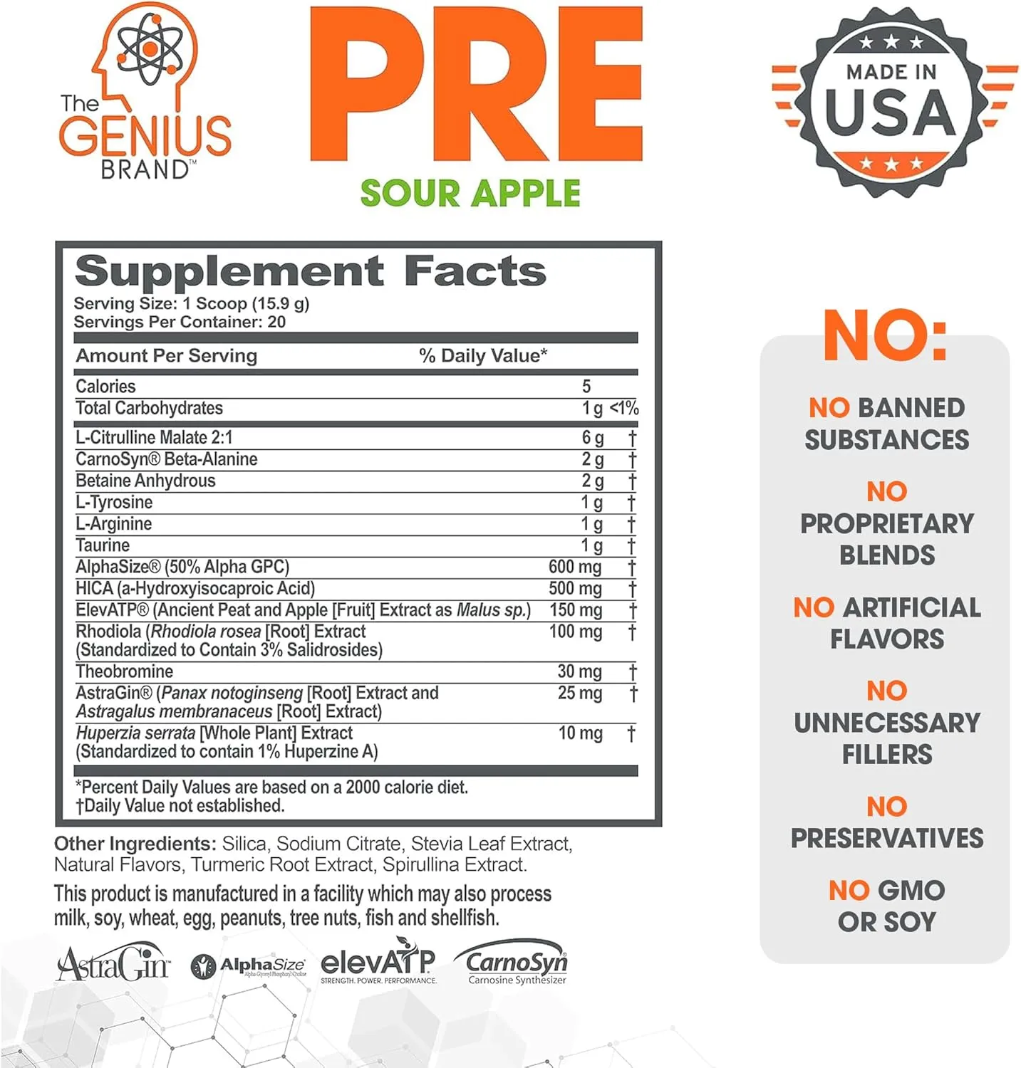 Genius Pre Workout Powder, Sour Apple - All-Natural Nootropic Pre-Workout & Caffeine-Free Nitric Oxide Booster Supplement with Beta Alanine & Alpha GPC - No Artificial Flavors, Sweeteners, or Dyes