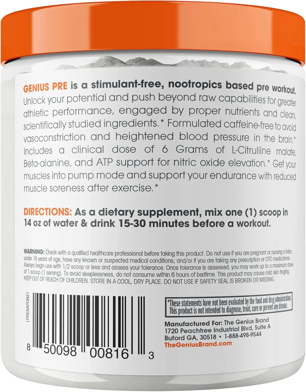 Genius Pre Workout Powder, Sour Apple - All-Natural Nootropic Pre-Workout & Caffeine-Free Nitric Oxide Booster Supplement with Beta Alanine & Alpha GPC - No Artificial Flavors, Sweeteners, or Dyes