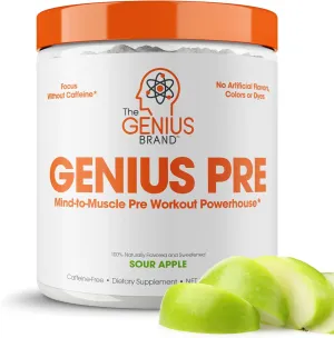 Genius Pre Workout Powder, Sour Apple - All-Natural Nootropic Pre-Workout & Caffeine-Free Nitric Oxide Booster Supplement with Beta Alanine & Alpha GPC - No Artificial Flavors, Sweeteners, or Dyes