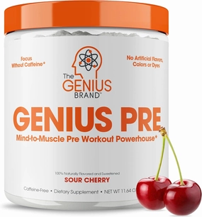 Genius Pre Caffeine-Free Pre Workout Boosted Energy, Focus, Performance Nootropic Formula AlphaSize, Citrulline Malate, CarnoSyn Beta Alanine Endurance, Stamina, Recovery, 20 Servings - Sour Cherry