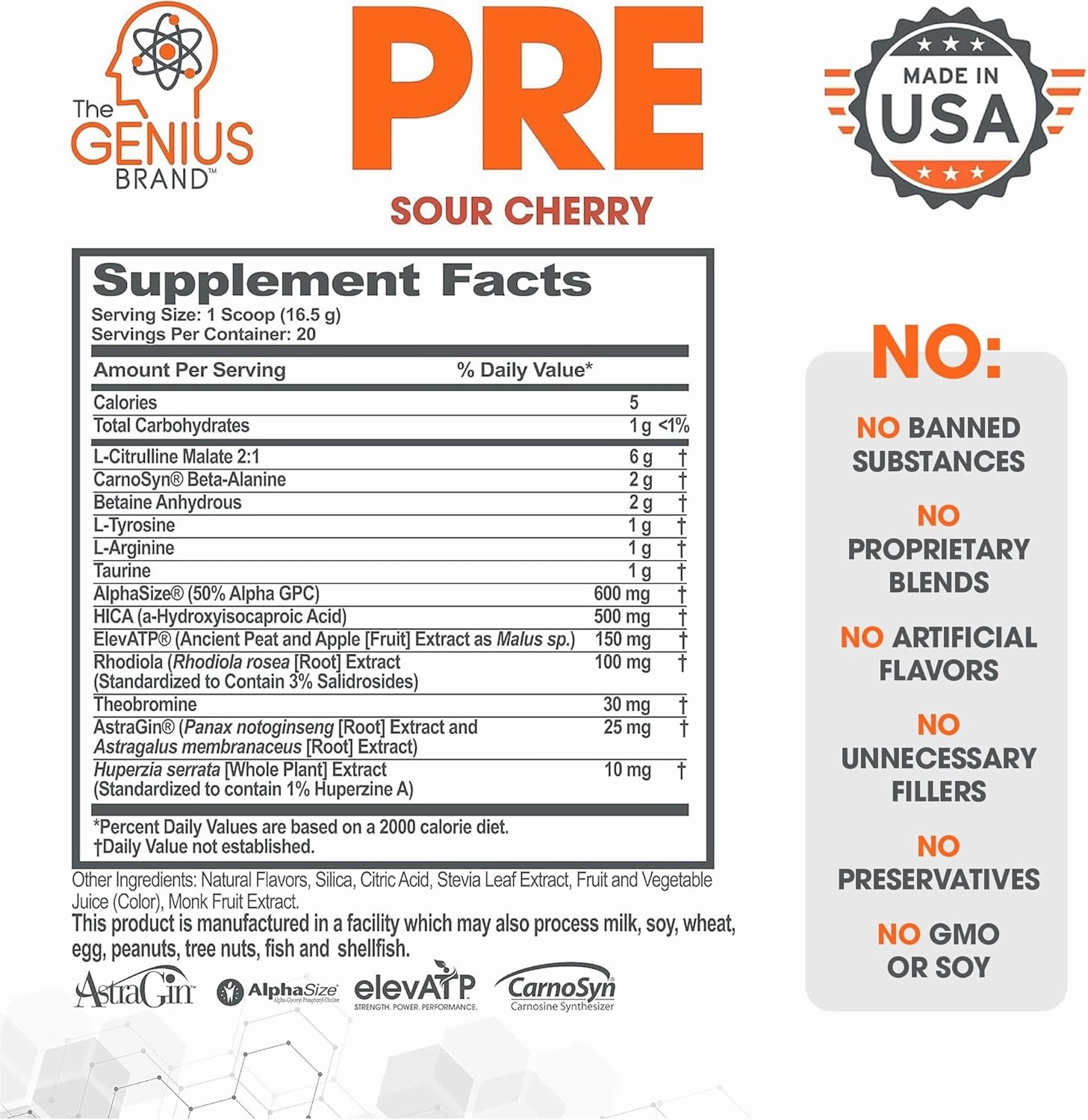 Genius Pre Caffeine-Free Pre Workout Boosted Energy, Focus, Performance Nootropic Formula AlphaSize, Citrulline Malate, CarnoSyn Beta Alanine Endurance, Stamina, Recovery, 20 Servings - Sour Cherry