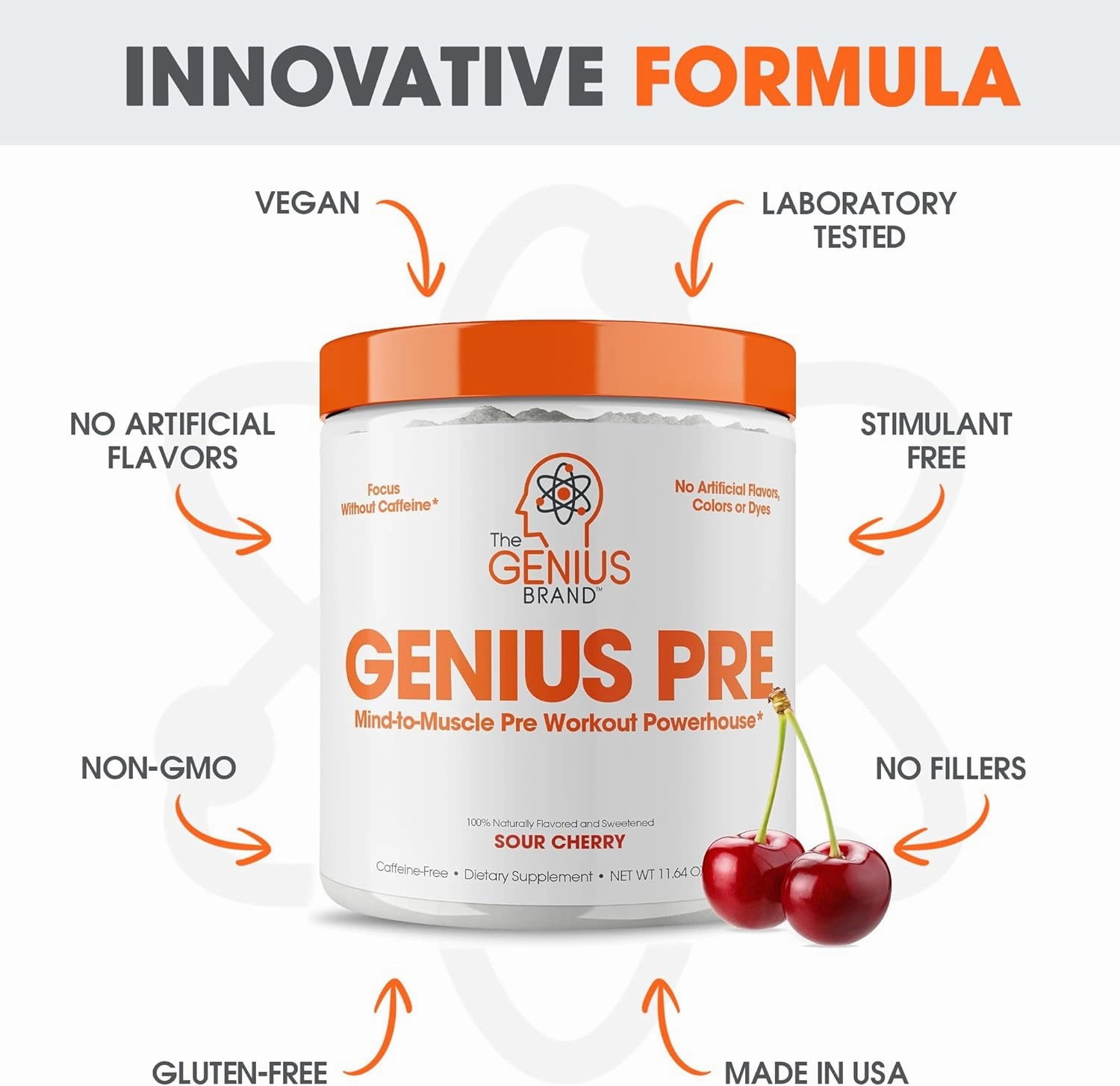 Genius Pre Caffeine-Free Pre Workout Boosted Energy, Focus, Performance Nootropic Formula AlphaSize, Citrulline Malate, CarnoSyn Beta Alanine Endurance, Stamina, Recovery, 20 Servings - Sour Cherry