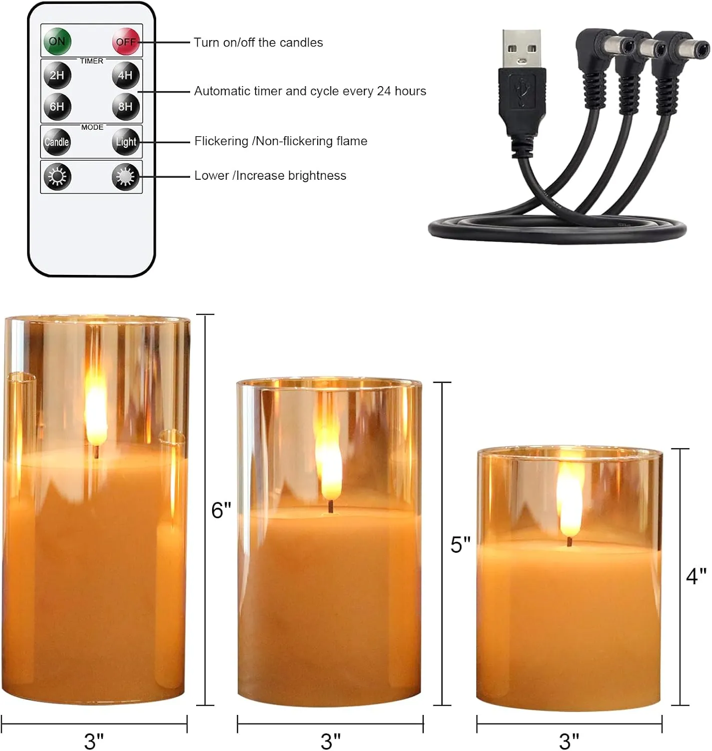 GenSwin Rechargeable LED Flameless Flickering Glass Candle with Remote Timer, Battery Operated Pillar Candles Long Lasting Gold Real Wax USB Candles (D 3”×H 4”5”6”)