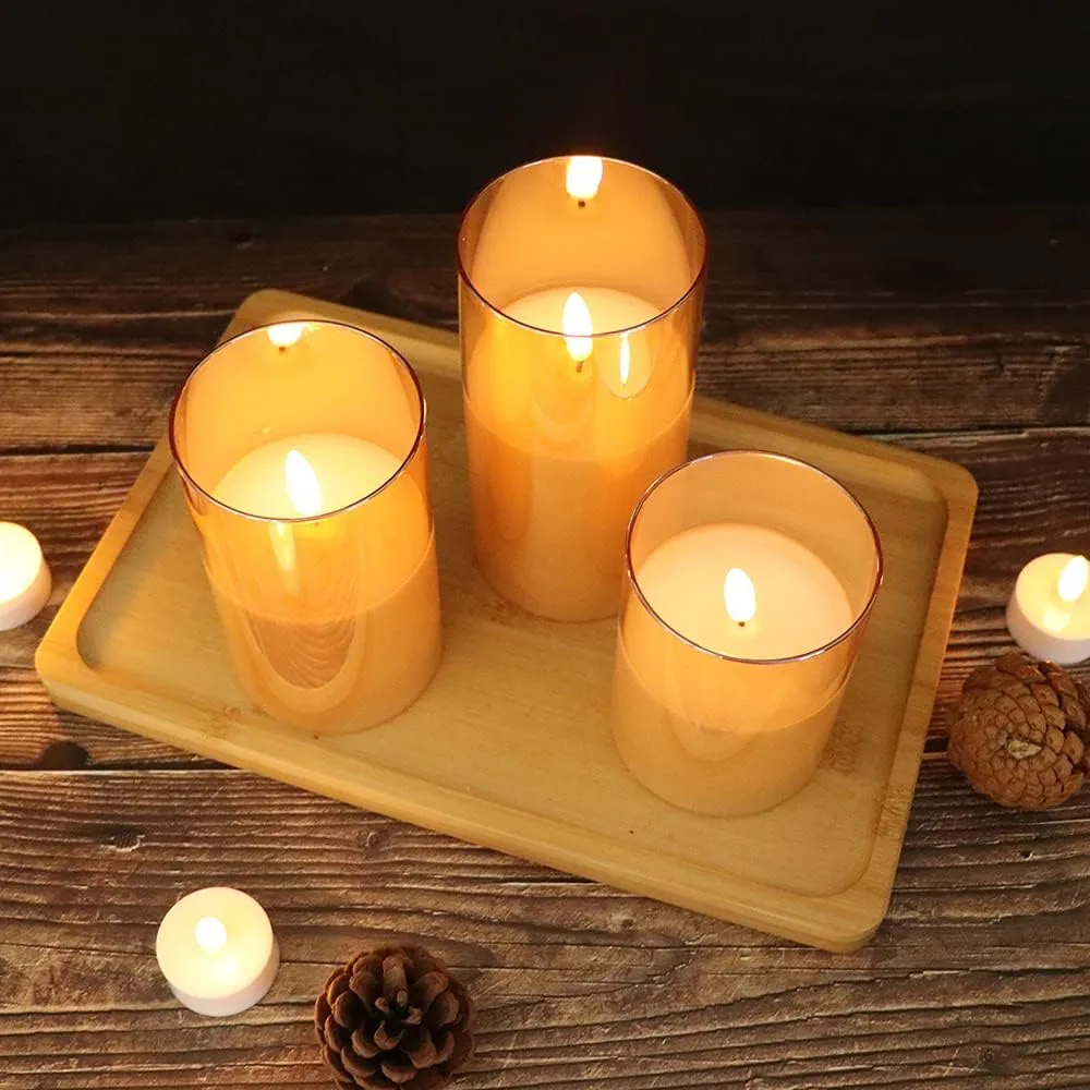 GenSwin Rechargeable LED Flameless Flickering Glass Candle with Remote Timer, Battery Operated Pillar Candles Long Lasting Gold Real Wax USB Candles (D 3”×H 4”5”6”)
