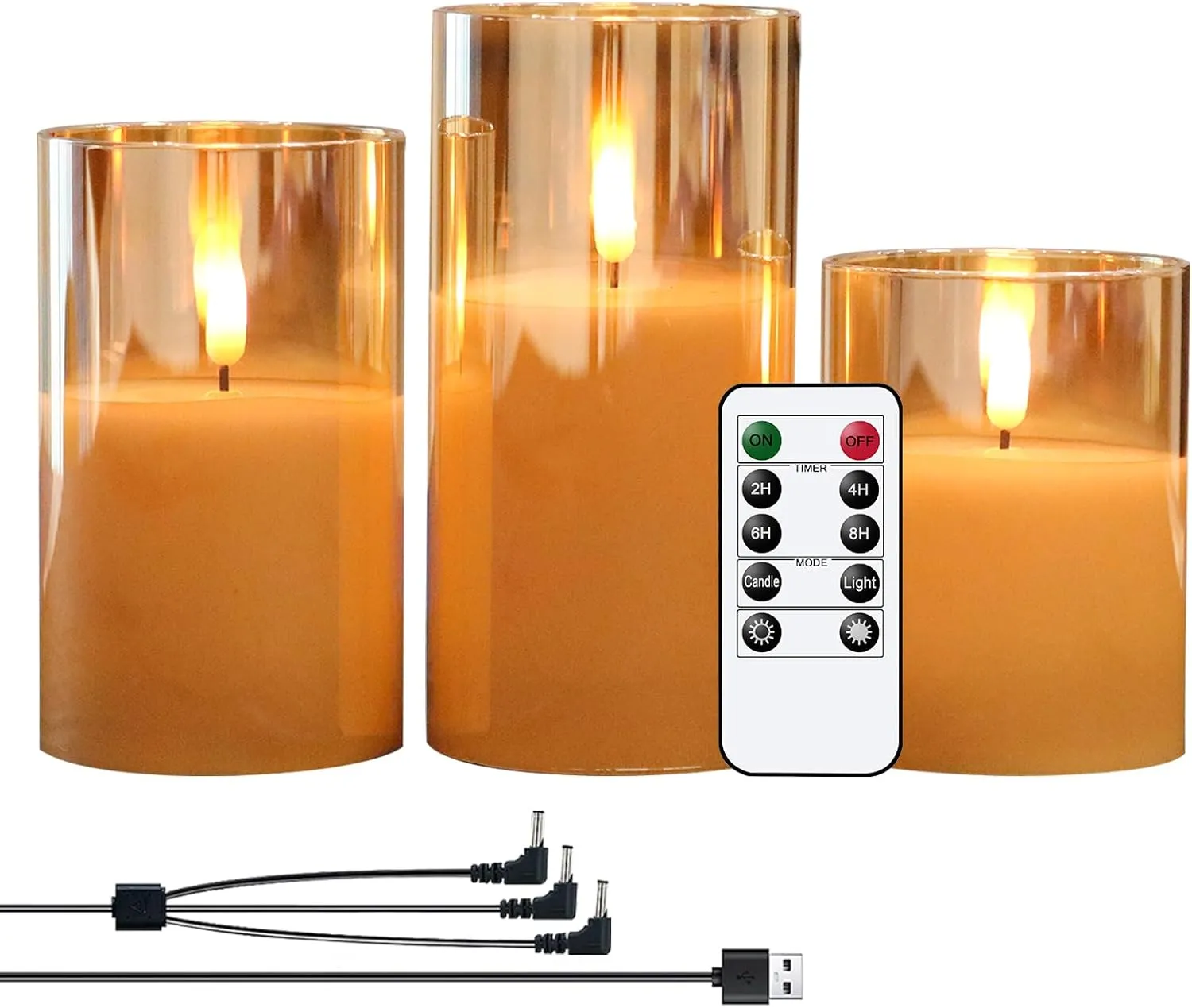 GenSwin Rechargeable LED Flameless Flickering Glass Candle with Remote Timer, Battery Operated Pillar Candles Long Lasting Gold Real Wax USB Candles (D 3”×H 4”5”6”)