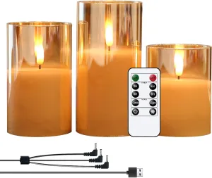 GenSwin Rechargeable LED Flameless Flickering Glass Candle with Remote Timer, Battery Operated Pillar Candles Long Lasting Gold Real Wax USB Candles (D 3”×H 4”5”6”)