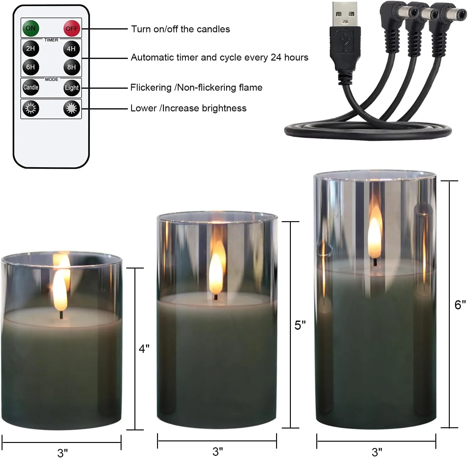 GenSwin Rechargeable LED Flameless Flickering Glass Candles with Remote Timer, Battery Operated Pillar Candles Long Lasting Grey Real Wax USB (D 3”×H 4”5”6”)