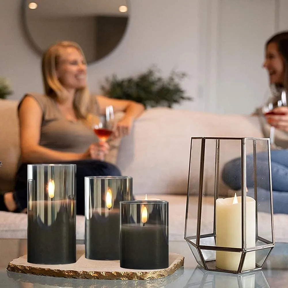 GenSwin Rechargeable LED Flameless Flickering Glass Candles with Remote Timer, Battery Operated Pillar Candles Long Lasting Grey Real Wax USB (D 3”×H 4”5”6”)