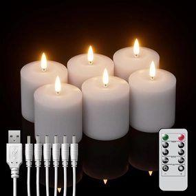 GenSwin Rechargeable Tea Lights Battery Operated, Rechargeable Candles with Remote Timer, LED Tea Lights with Charging Cable, 6 Pack Real Wax LED Votive Candles for Home Decor (White, 2 x 3.2 Inch)