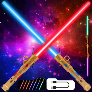 Gianby Light up Saber for Kids, 2-in-1 LED Dual Light Swords Set with 25 Color Changing Electronic Lights &3 Modes FX Sound, Rechargeable Light Sword Toy for Roleplay (2 Pack)