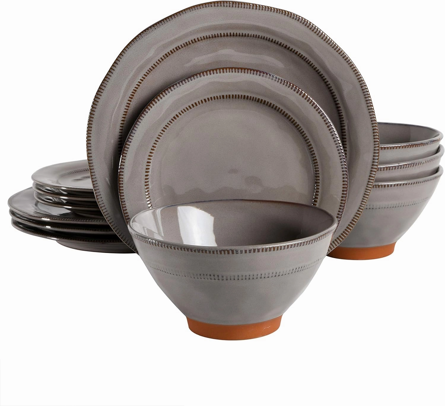 Gibson Elite Terranea Round Reactive Glaze Terra Cotta Dinnerware Set, Service for Four (12pcs), Grey