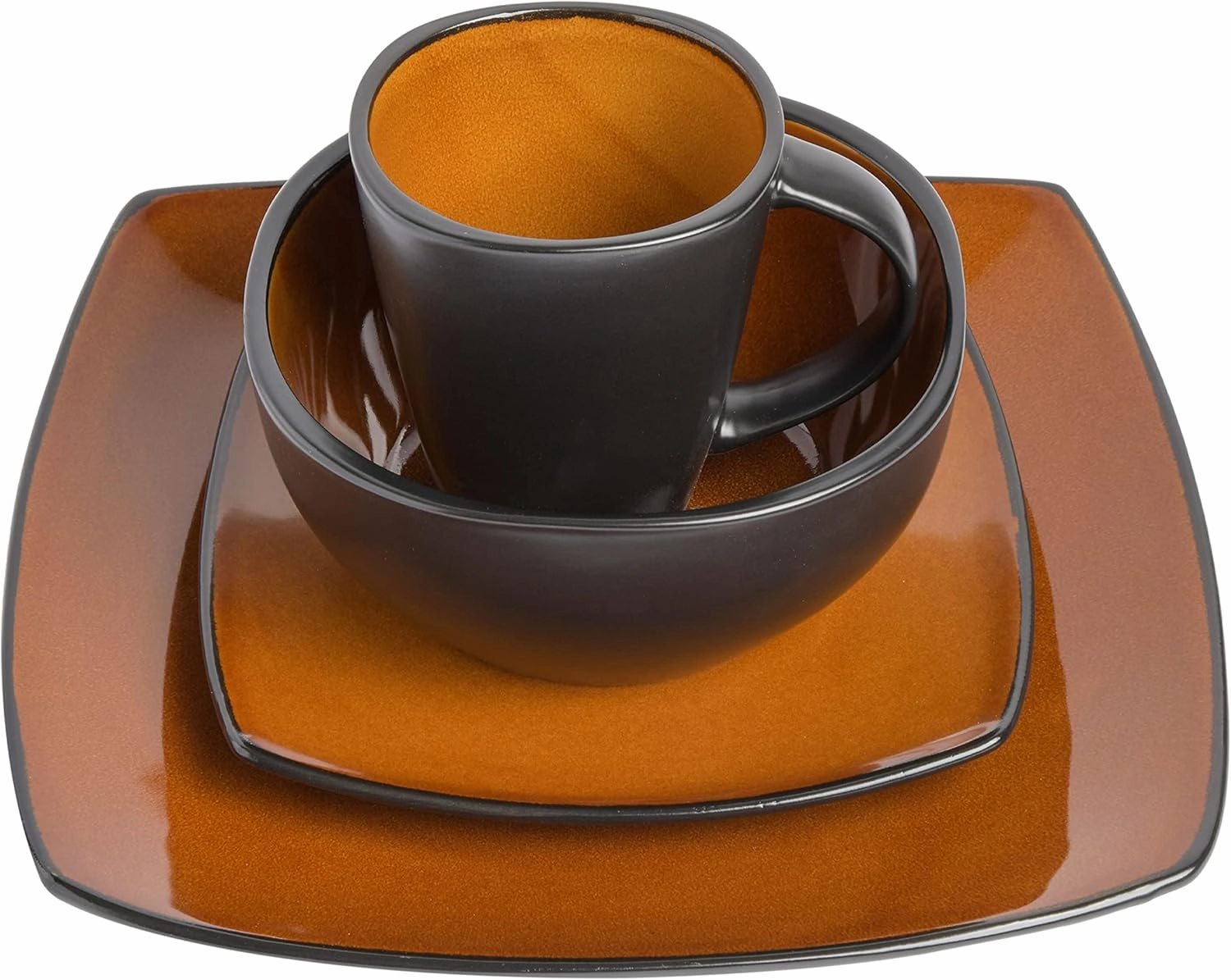 Gibson Soho Lounge Square Reactive Glaze Stoneware Dinnerware Set, Service for 4 (16pc), Amber