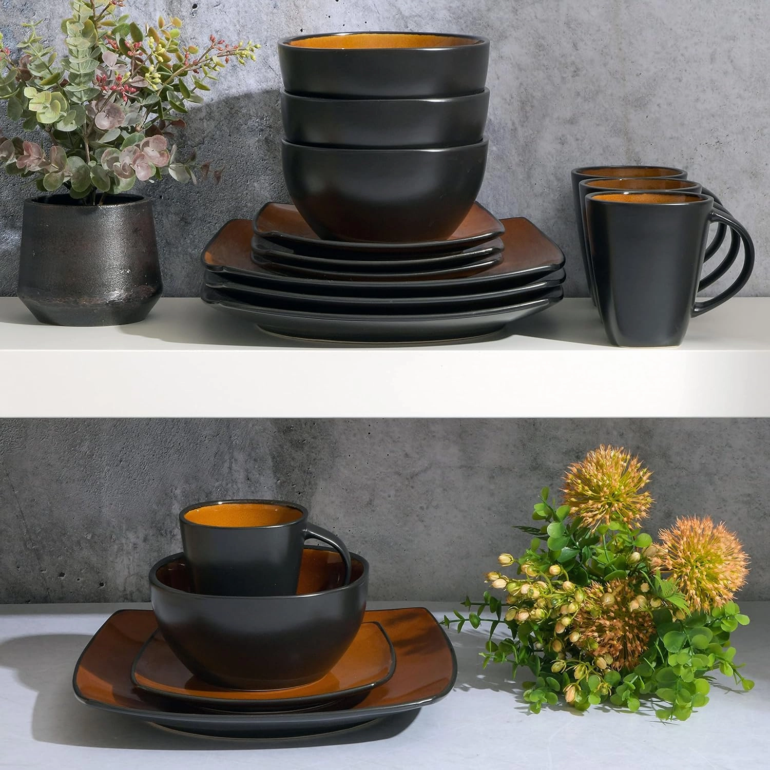 Gibson Soho Lounge Square Reactive Glaze Stoneware Dinnerware Set, Service for 4 (16pc), Amber
