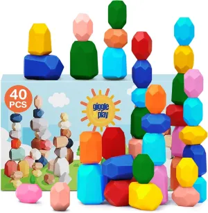 Giggle & Play - 40 Pcs Wooden Stacking Stones Set, Montessori Toys for 3  Year Old, Stacking Blocks for Fine Motor Skills & Creativity, Multicolor Playset for Toddlers & Kids, Free Storage Bag