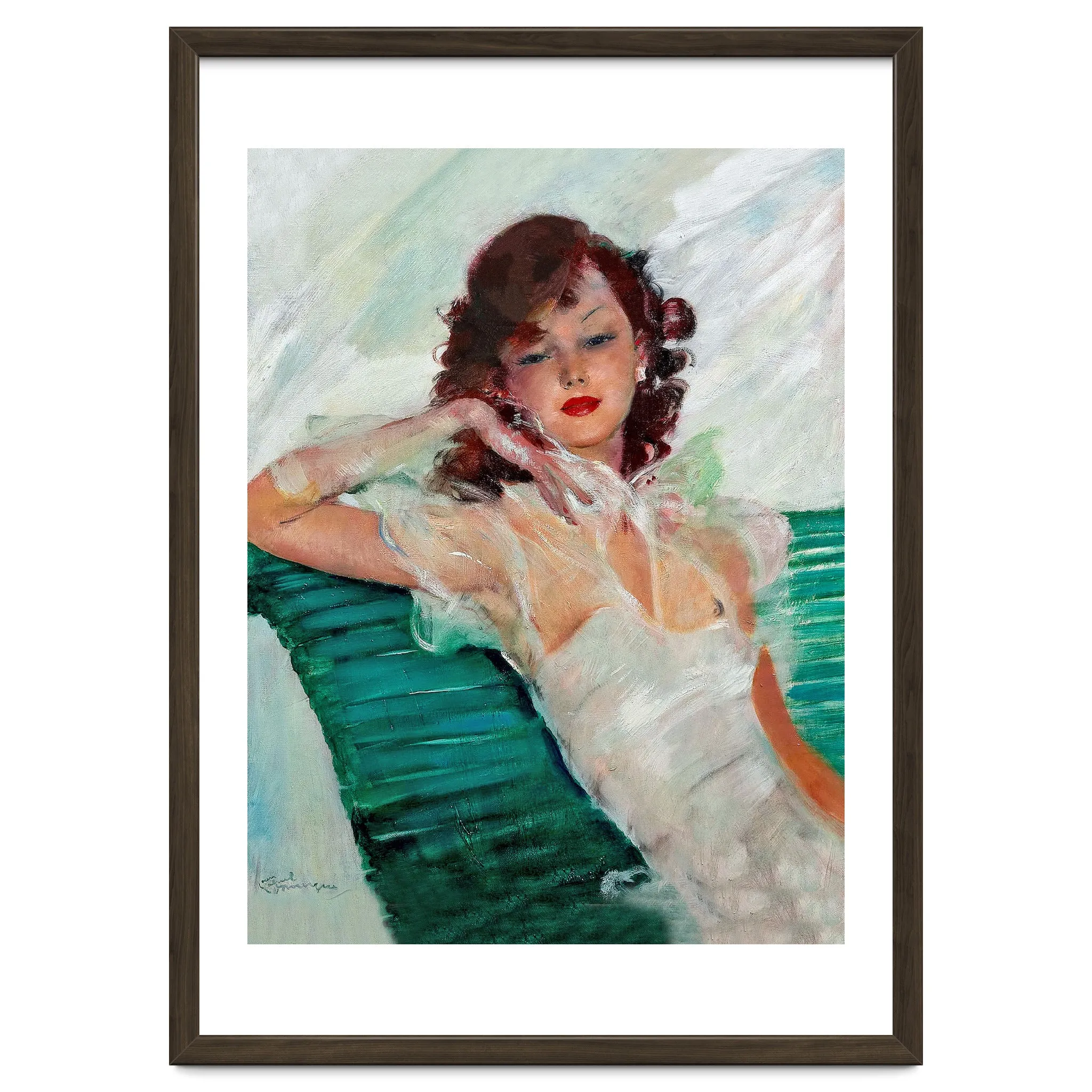 Girl Is Resting On A Green Bench, Watercolor Painting